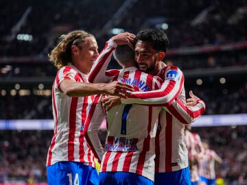 Nico Gonzalez of Atletico de Madrid celebrates a goal with teammates during the Spanish League, LaLiga EA Sports, football match played between Atletico de Madrid and Real Sociedad at Riyadh Air Metropolitano stadium on March 07, 2026, in Madrid, Spain. AFP7 07/03/2026 ONLY FOR USE IN SPAIN