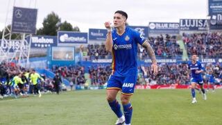 Martin Satriano of Getafe CF celebrates a goal during the Spanish League, LaLiga EA Sports, football match played between Getafe CF and Real Betis Balompie at Coliseum de Getafe stadium on March 8, 2026, in Getafe, Spain. AFP7 08/03/2026 ONLY FOR USE IN SPAIN