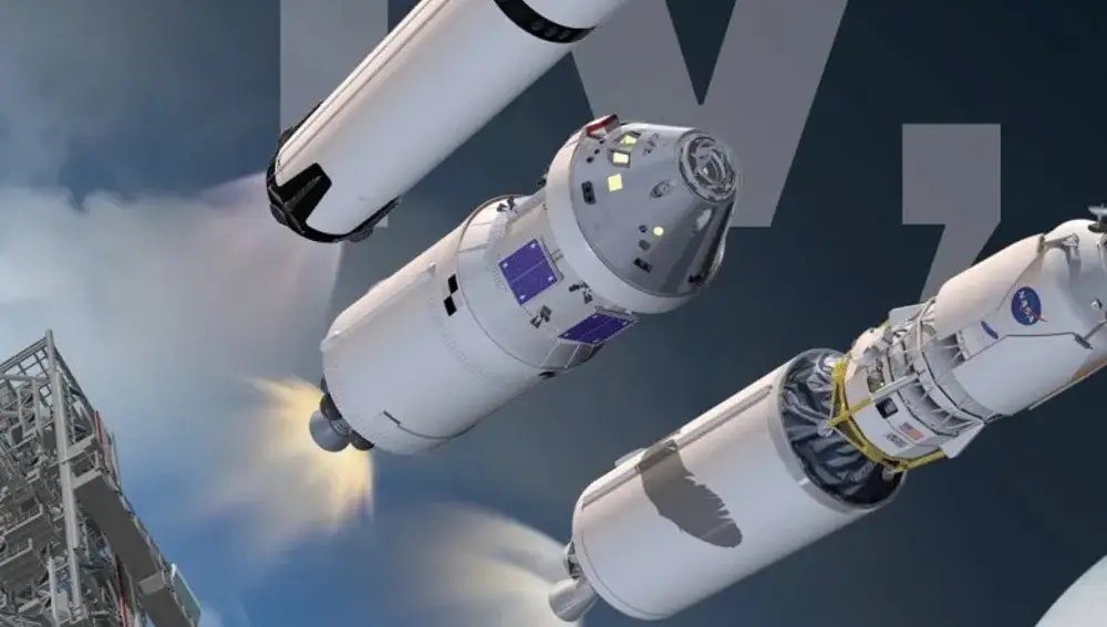 Infografía de la NASA con la etapa superior Centaur y la cápsula Orion, en el centro..