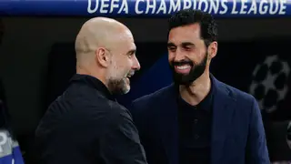 Real Madrid C.F. v Manchester City - UEFA Champions League 2025/26 Round of 16 First Leg Alvaro Arbeloa, head coach of Real Madrid, greets Pep Guardiola, head coach of Manchester City during the UEFA Champions League 2025/26 Round of 16 First Leg match between Real Madrid C.F. and Manchester City at Bernabeu stadium on March 11, 2026, in Madrid, Spain. AFP7 11/03/2026 ONLY FOR USE IN SPAIN