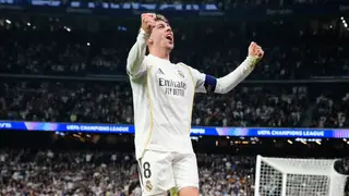 Spain Champions League Soccer Real Madrid's Federico Valverde celebrates after scoring during a first leg round of 16 Champions League soccer match between Real Madrid and Manchester City in Madrid, Spain, Wednesday, March 11, 2026. (AP Photo/Jose Breton)