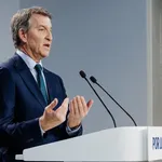 15F.- Feijóo llega a la sede nacional del PP para seguir con su equipo el recuento de las elecciones en Castilla y León