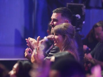 Taylor Swift, left, and Travis Kelce seen in the audience during the IHeartRadio Music Awards on Thursday, March 26, 2026, at the Dolby Theatre in Los Angeles. (AP Photo/Chris Pizzello)