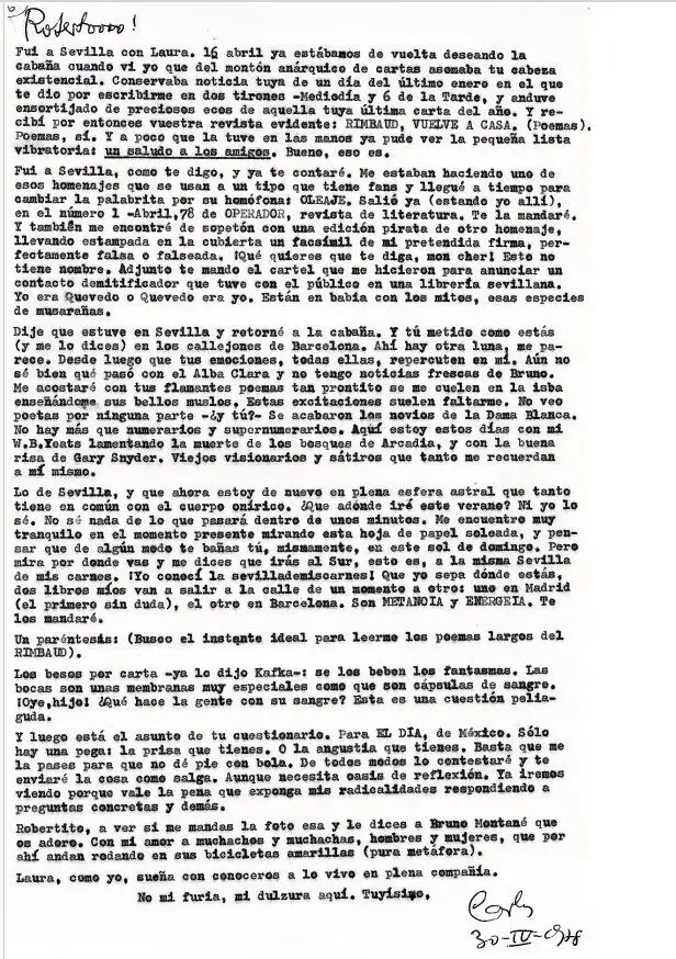 Una de las cartas de Ory a Bolaño