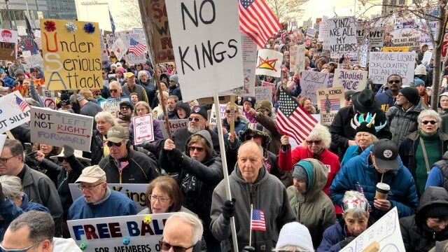 A "No Kings" event filled Grant Street in front of the City-County Building in downtown Pittsburgh on March 28, 2026. (Stephanie Strasburg/Pittsburgh's Public Source)