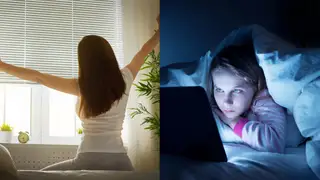 Imagen de archivo de una persona madrugando y de otra trasnochando Imagen de archivo de una persona madrugando y de otra trasnochando