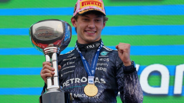 Mercedes driver Kimi Antonelli of Italy reacts on the podium after winning the Japanese Formula One Grand Prix at Suzuka in central Japan, Sunday, March 29, 2026. (AP Photo/Eugene Hoshiko)