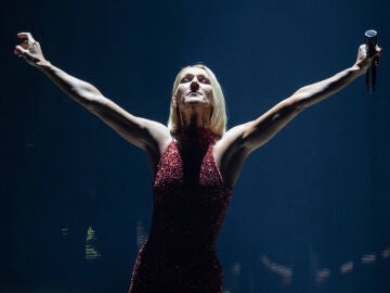 FILE - Singer Celine Dion performs during her first World Tour called Courage in Quebec City, Montreal, Canada on Sept. 18, 2019. (Jacques Boissinot/The Canadian Press via AP)