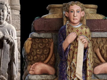 Figura del Mestre Mateo en su estado actual, a la izquierda, y la restauracion digital a la derecha. 