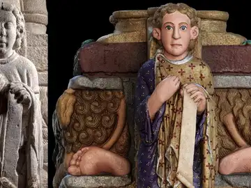 Figura del Mestre Mateo en su estado actual, a la izquierda, y la restauracion digital a la derecha. Figura del Mestre Mateo en su estado actual, a la izquierda, y la restauracion digital a la derecha.