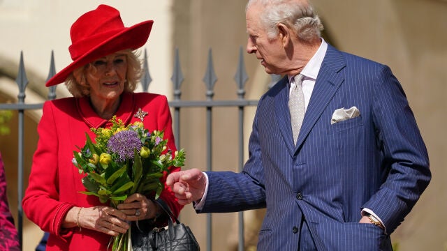 Britain's King Charles III and Queen Camilla leave after attending the Easter Matins Service at St. George's Chapel in Windsor, England, Sunday, April 5, 2026.(AP Photo/Alberto Pezzali, Pool)
