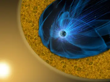 En azul, la envoltura magnética, capaz de generar un plasma desconocido hasta la fecha Clima espacial