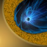 En azul, la envoltura magn&eacute;tica, capaz de generar un plasma desconocido hasta la fecha