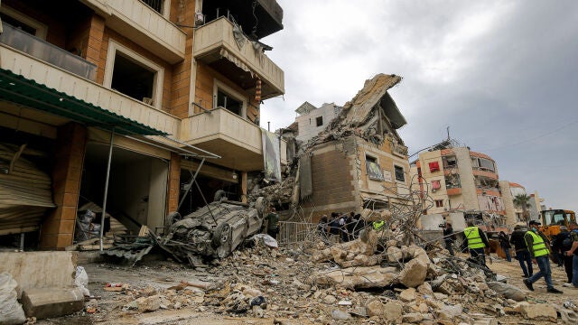 April 10, 2026, Beirut, Beirut, Lebanon: Wreckage and twisted iron bars litter a street where a building was destroyed by an Israeli strike in Choueifat neighborhood on the edge of Beirut southern suburb, a hotbed for the Iranian-backed Hezbollah. Lebanon reeled after the deadliest day of the renewed war between Israel and pro-Hezbollah, with the death toll exceeding 300 people as more remains were pulled from rubble and bodies identified at hospitals. Meanwhile, Israel made the surprise anno...