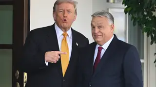 Hungary Election US FILE - President Donald Trump, left, greets Hungary's Prime Minister Viktor Orban at the White House, Friday, Nov. 7, 2025, in Washington. (AP Photo/John McDonnell,File)