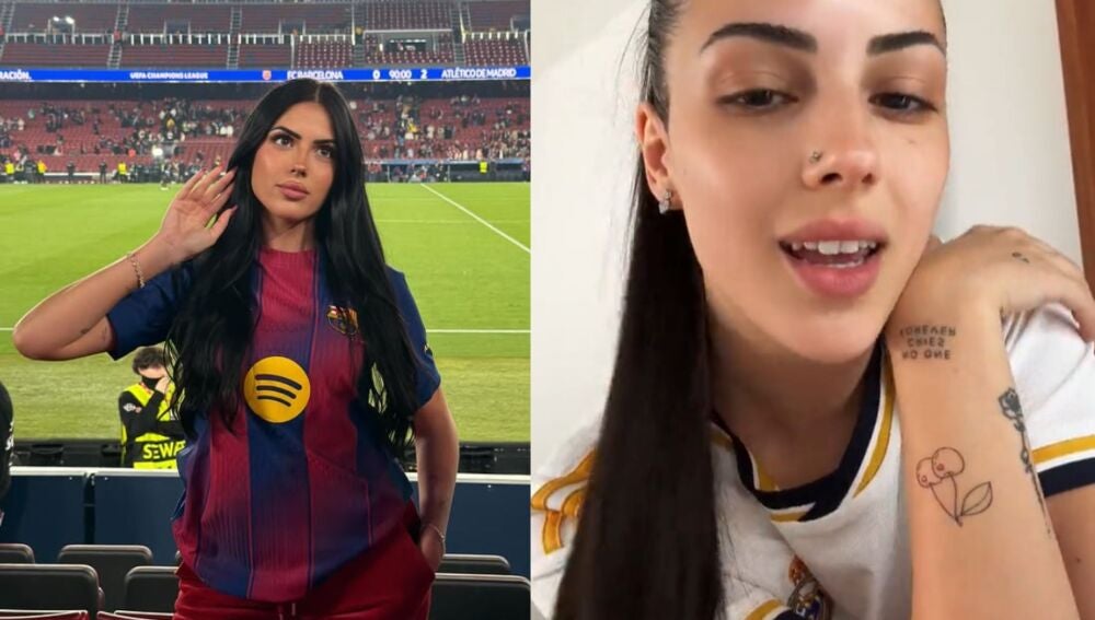 Lucía Bellido con la camiseta del Barcelona y el Real Madrid
