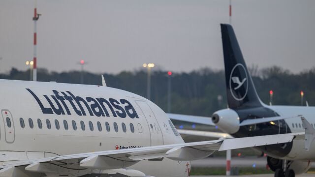 Lufthansa's aircrafts are parked at Frankfurt Airport, Germany, Thursday, April 16, 2026. (Hannes P. Albert/dpa via AP)