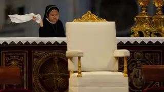 Vatican Pope A nun dusts the altar prior to the start of Pope Leo XIV's Pentecost Mass in St. Peter's Basilica, at the Vatican, Sunday, May 24, 2026. (AP Photo/Gregorio Borgia)
