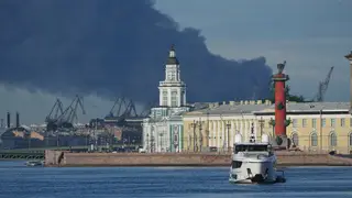 Russia Drone Attack A plumes of black smoke is seen over the port of St. Petersburg, Russia, Wednesday, June 3, 2026, after a Ukrainian drone attack. (AP Photo)