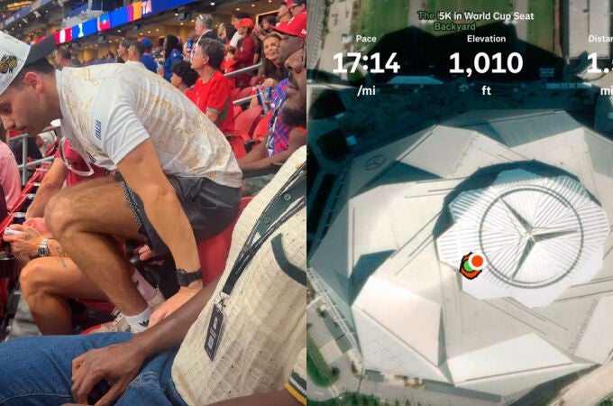Un creador de contenido corre 5 kilómetros en su propio asiento durante un partido del Mundial