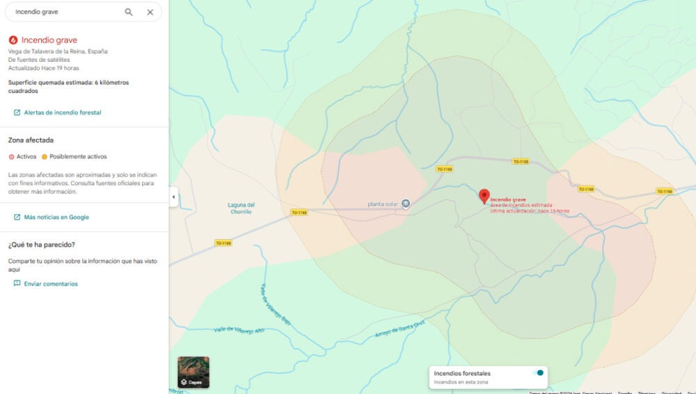 Incendio en Vega de Talavera de la Reina en Google Maps.