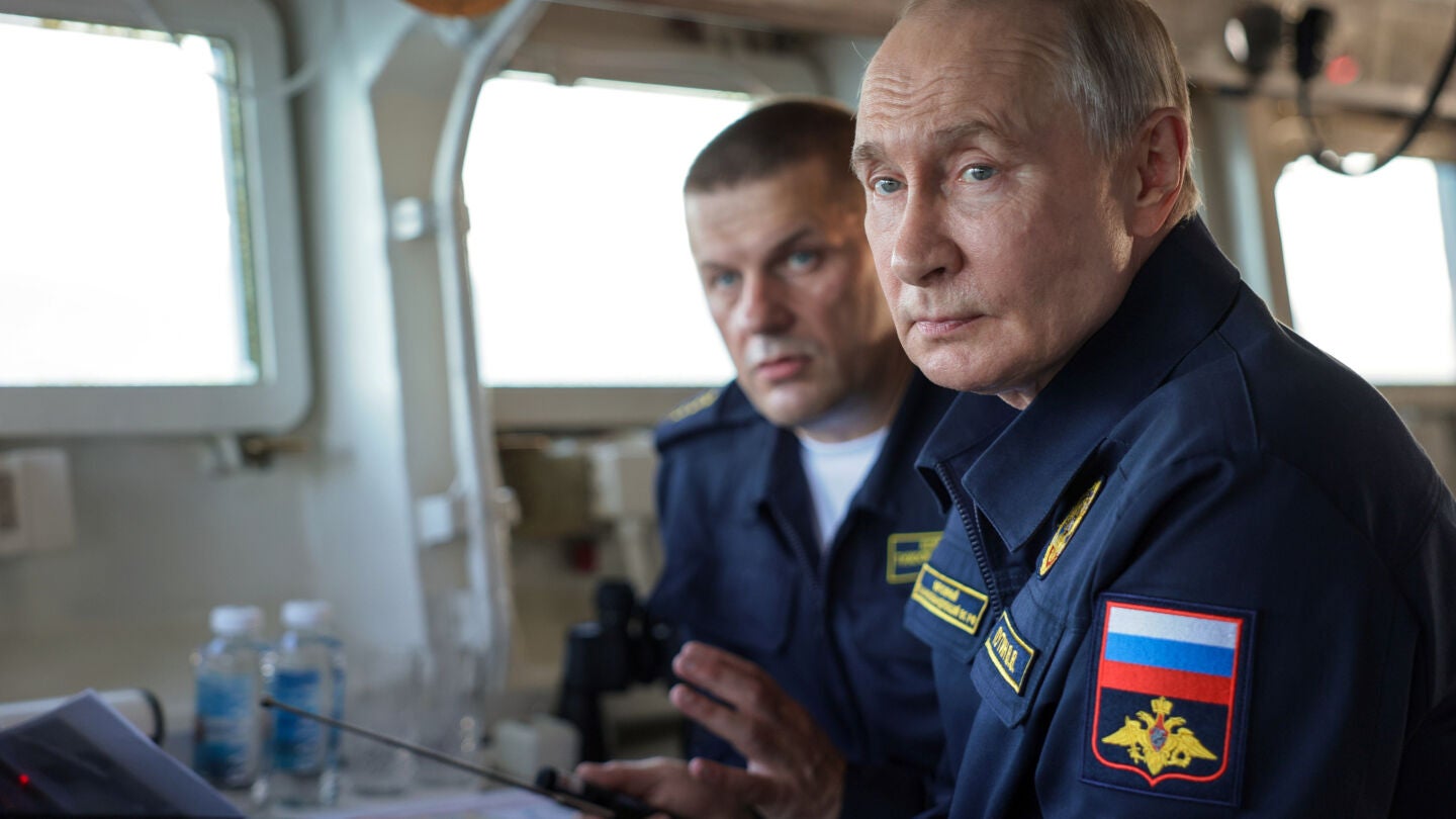 Russia Putin Russian President Vladimir Putin watches a military exercise from the board of the Varyag missile cruiser of the Pacific Fleet near Yuzhno-Sakhalinsk, on Sakhalin Island, Russia, Wednesday, Aug. 12, 2026. (Gavriil Grigorov, Sputnik, Kremlin Pool Photo via AP)