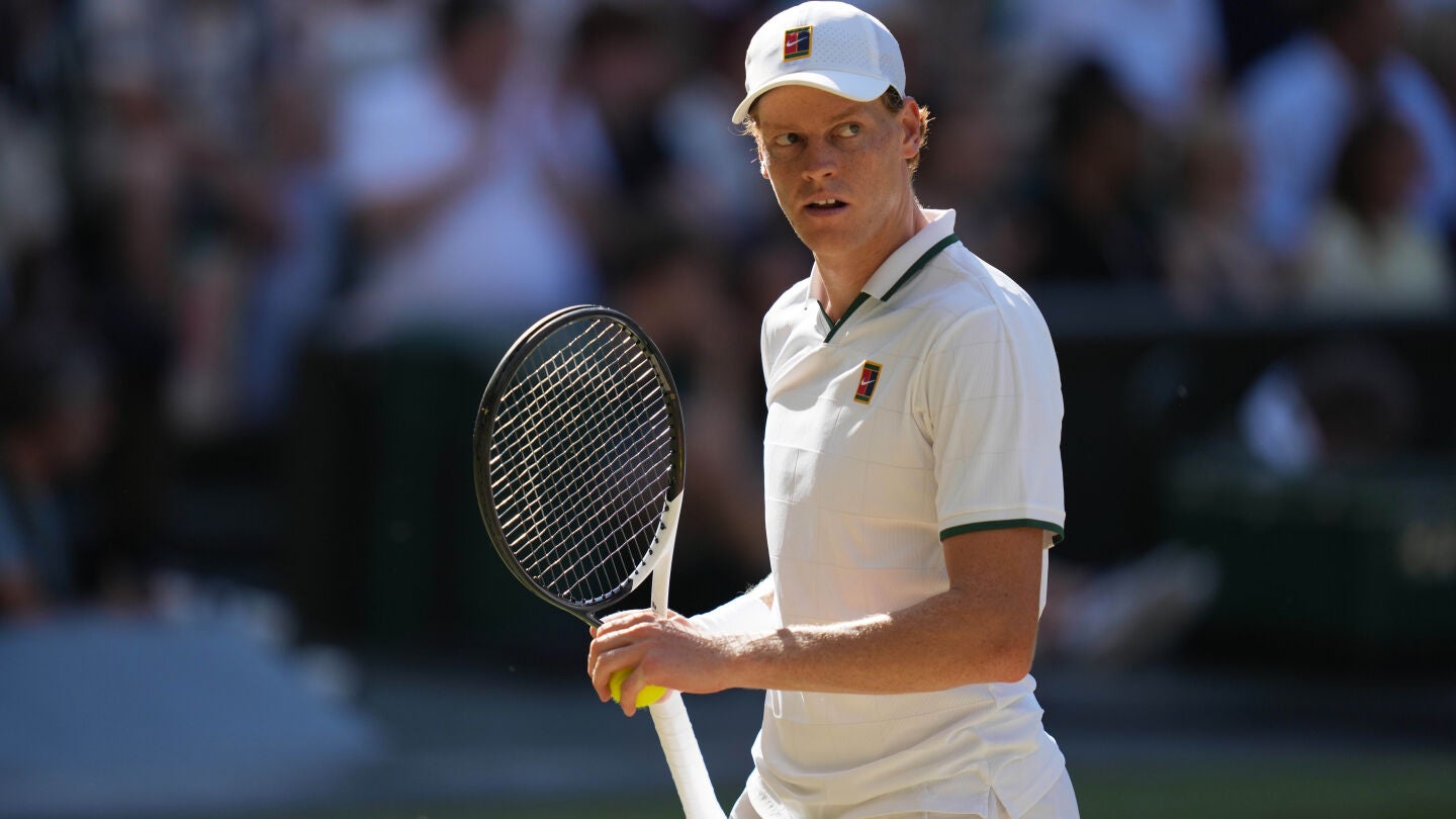 FILE - Jannik Sinner, of Italy, celebrates a point against Alexander Zverev, of Germany, in the men's singles final at Wimbledon Tennis Championships in London, July 12, 2026. (AP Photo/Kirsty Wigglesworth, File)