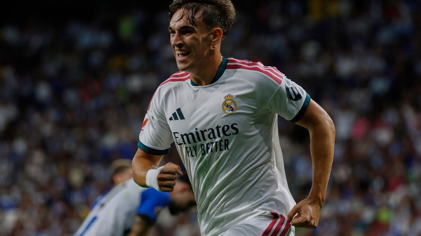 Real Madrid's Carlos Espi celebrates after scoring his side's second goal during a Spanish La Liga soccer match between Espanyol and Real Madrid in Barcelona, Spain, Saturday, Aug. 22, 2026. (AP Photo/Joan Monfort)