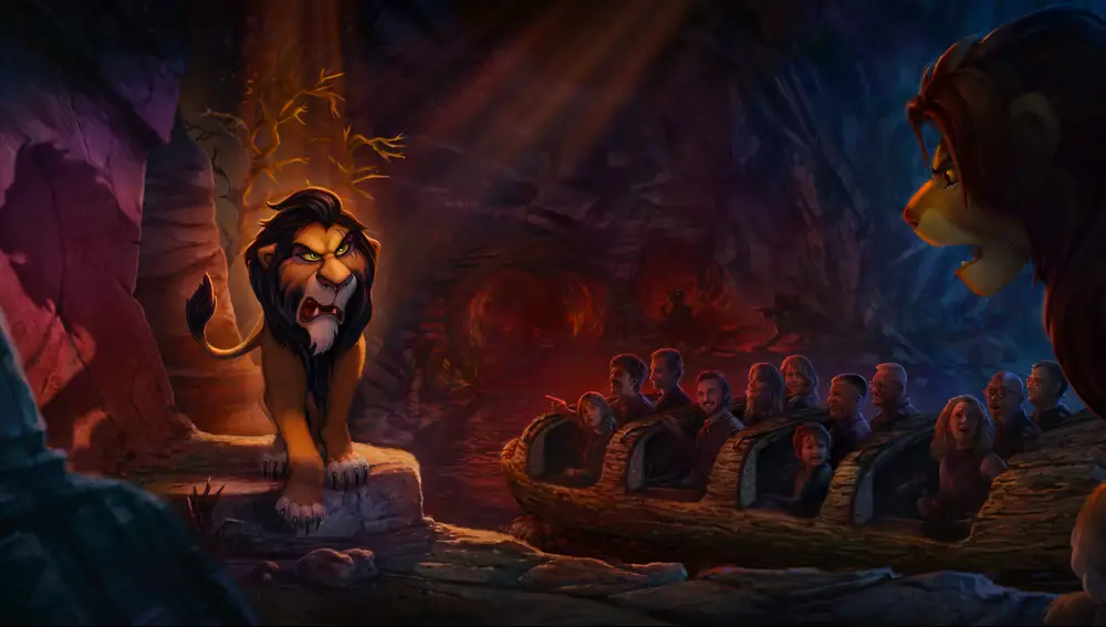 Enfrentamiento de Scar y Simba en la nueva atracción del mundo de El Rey León