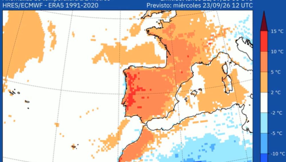 Mapa de anomal&iacute;as t&eacute;rmicas previstas en Espa&ntilde;a, con valores de 5 a 10 &deg;C por encima de la media hist&oacute;rica para la &eacute;poca.