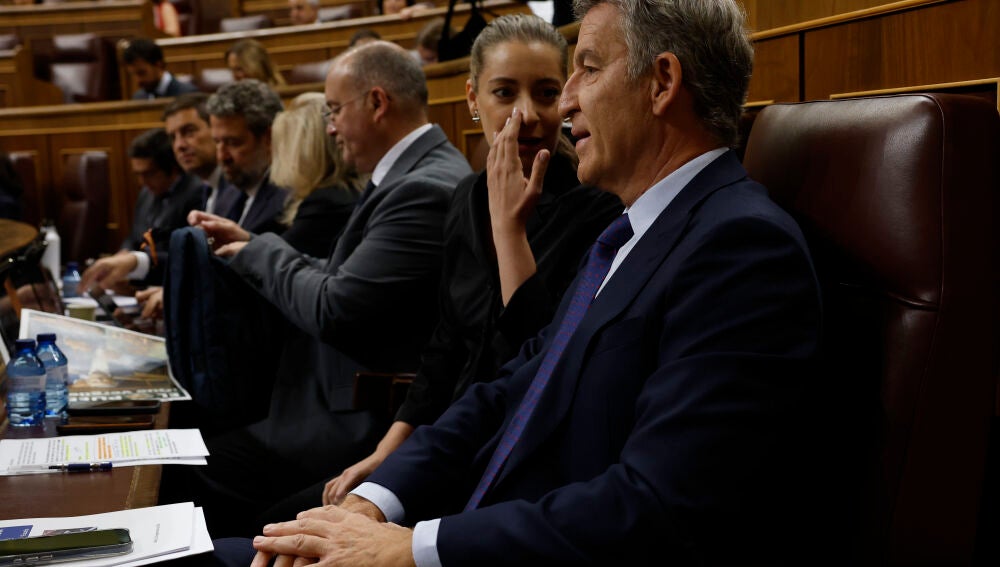 MADRID, 23/09/2026.- El l&iacute;der del PP, Alberto N&uacute;&ntilde;ez Feij&oacute;o conversa con la portavoz de su grupo parlamentario, Ester Mu&ntilde;oz a su llegada a la sesi&oacute;n de control al Gobierno celebrada este mi&eacute;rcoles en el Congreso. EFE/J.J. Guill&eacute;n 