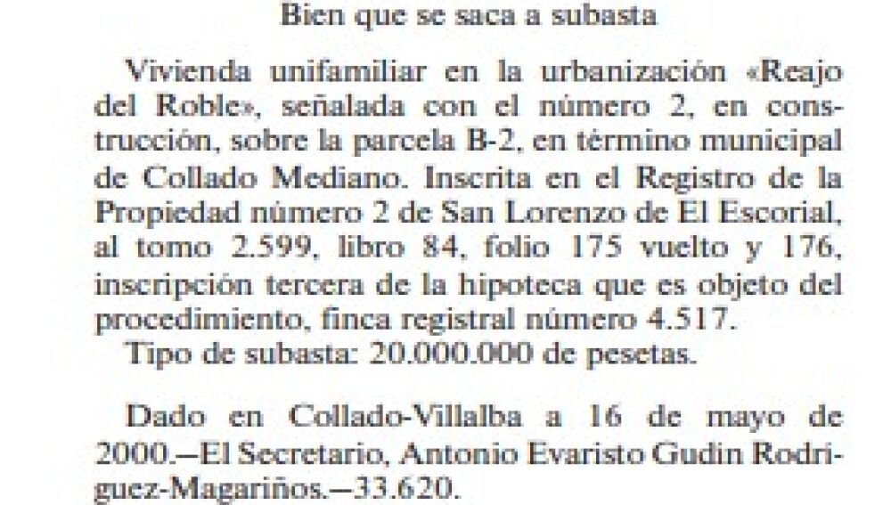 Edicto de subasta del chale de Maricarmen en la sierra de Madrid