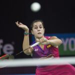 Carolina Marín durante un juego entre España y China del Yonex Abierto de Bádminton de Dinamarca 2015