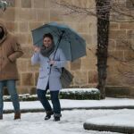 Una pareja pasea con su perro en la capital soriana, donde el temporal dejó hasta diez centímetros de nieve y temperaturas bajo cero