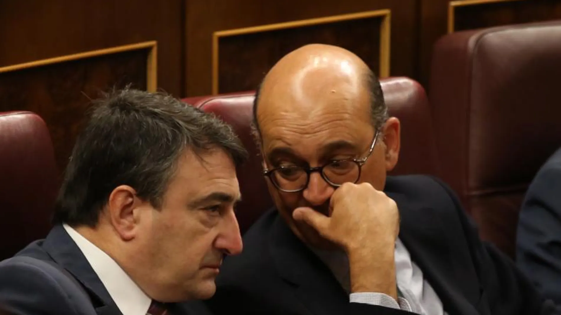 El portavoz del PNV Aitor Esteban y el diputado Mikel Legarda (d), en el pleno del Congreso de los Diputados, hoy