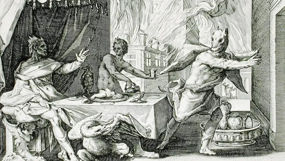 La palabra licantropía viene del mito griego de Licaón, rey de Arcadia, al que Zeus convirtió en lobo. Abajo, un grabado que muestra su transfor- mación