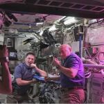 Los astronautas Kjell Lindgren (izqu.) y Scott Kelly comen la lechuga que han cultivado en la Estación Espacial Internacional