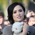 La actriz Demi Lovtao y su perrito 'Batman'