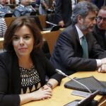 La vicepresidenta del Gobierno en funciones, Soraya Sáenz de Santamaría, durante el tradicional homenaje a las víctimas del terrorismo celebrado hoy en el Congreso de los Diputados.