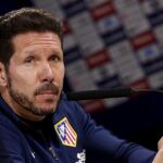 El entrenador argentino del Atlético de Madrid, Diego Simeone, durante la rueda prensa ofrecida esta tarde en la Ciudad Deportiva