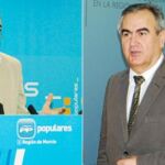 El diputado del Grupo Parlamentario Popular en la Región de Murcia, Víctor Martínez, en una imagen de archivo en la sede regional del PP, y el delegado del Gobierno central en la Región de Murcia, Rafael González Tovar, durante una comparecencia en la Del