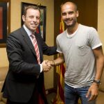Guardiola y Rosell en el acto de la firma