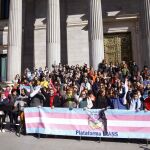 Miembros de la plataforma trans se concentran a las puertas del Congreso.