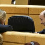 El ministro del Interior, Alfredo Pérez Rubalcaba, conversa con la ministra de Sanidad, Trinidad Jiménez, durante la sesión de control al Ejecutivo que ha tenido lugar esta tarde en el Senado.