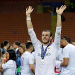 Gareth Bale durante la celebración de la Champions en el estadio de Milán, el pasado sábado