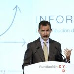El Rey Felipe durante su intervención en la clausura del acto de presentación del informe de la Fundación Conocimiento y Desarrollo