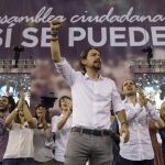 Asamblea Ciudadana Si Se Puede celebrada en octubre de 2014 en la Plaza de Toros de Vistalegre con la asistencia de Pablo Iglesias, Juan Carlos Monedero e Iñigo Errejón