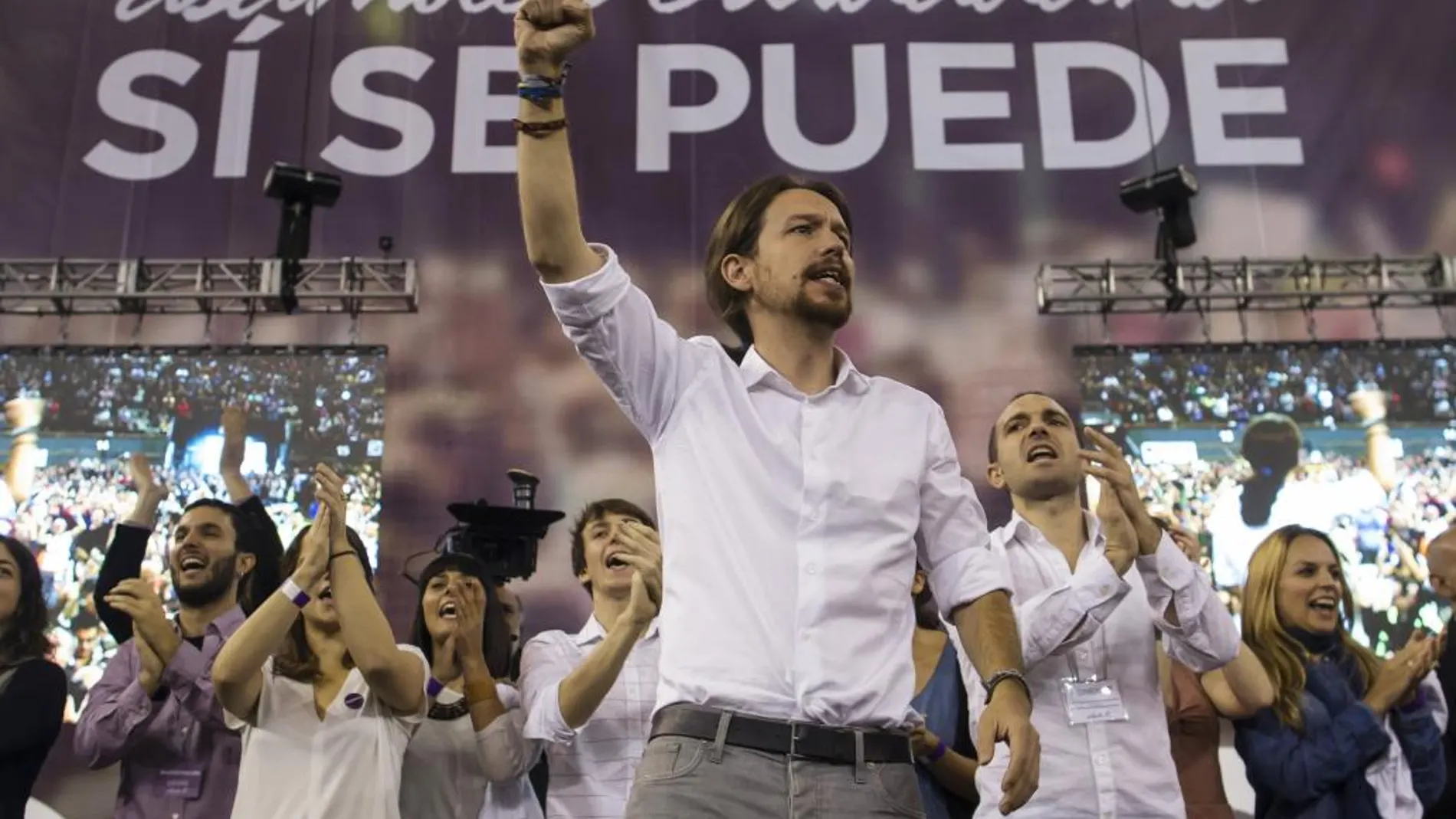 Asamblea Ciudadana Si Se Puede celebrada en octubre de 2014 en la Plaza de Toros de Vistalegre con la asistencia de Pablo Iglesias, Juan Carlos Monedero e Iñigo Errejón