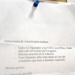 Indicaciones repartidas entre los diputados para la votación