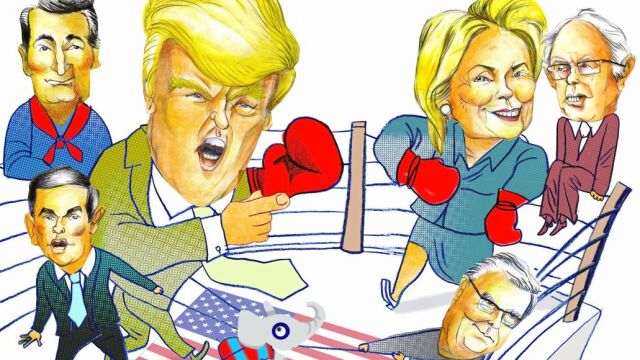 En las primarias se elegirán a los dos aspirantes a la Casa Blanca. Del bando republicano los mejor posicionados son Trump, Cruz, Rubio y un lánguido Bush. Del demócrata, Hillary Clinton arrasa en los sondeos nacionales pero Sanders se está convirtiendo en una piedra en el zapato